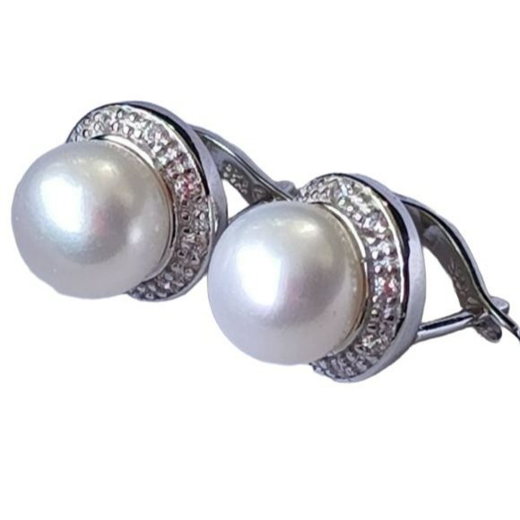 925S Sterling Silver Cultured White‎ Button Freshwater Pearl Leverback Earrings - Picture 2 of 13
